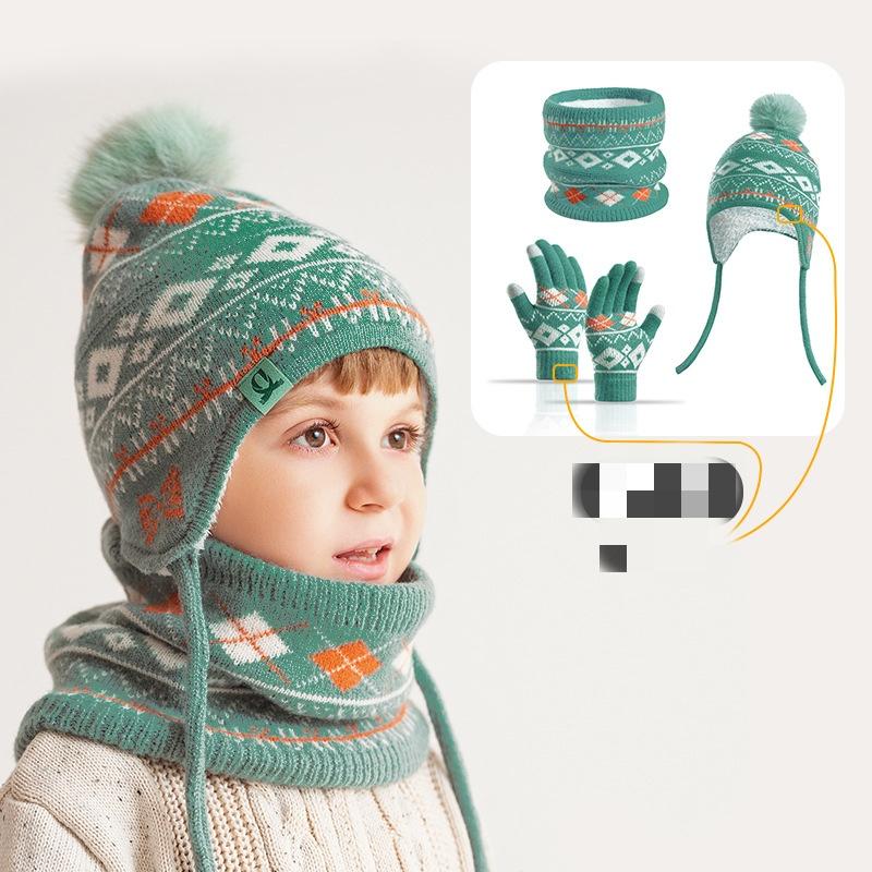 Three Piece Set of Children's Hats, Scarves, Gloves, Winter Warm Acrylic Knitted Ear Protection Hat