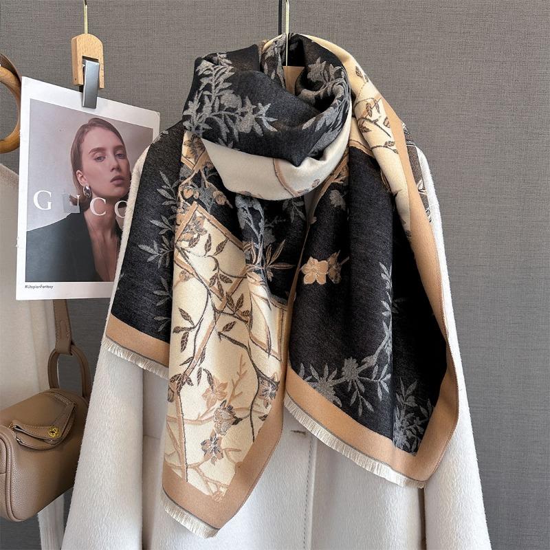 Autumn new splicing contrasting colors plant flower printing scarf women's fashion versatile warm scarf retro big shawl