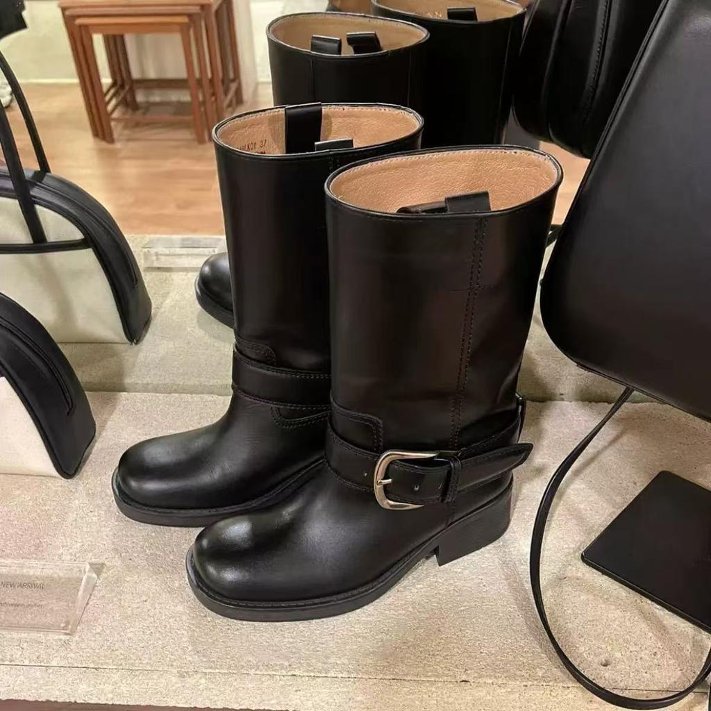 Cowhide Version~ Korean Wide Tube Leather Thick-soled Medium Tube Boots Women's Fat Mm Thick Leg Knight Boots Martin Western Boots Short Boots