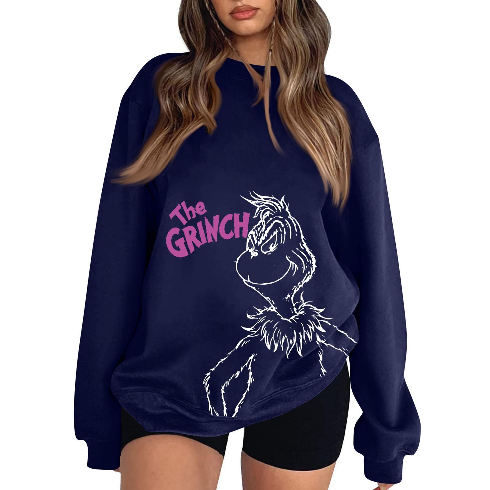 Женская модная повседневная толстовка с длинными рукавами и круглым вырезом с принтом L тёмно-синий 1754₽