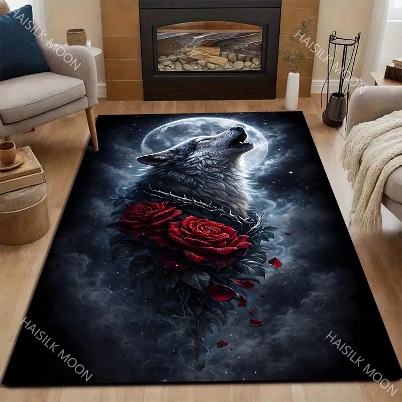 Multiple sizes White wolf moon roses Carpet for Living Room Bedroom Sofa Home Decor Rus Non-slip Floor Mat Luxury Gift