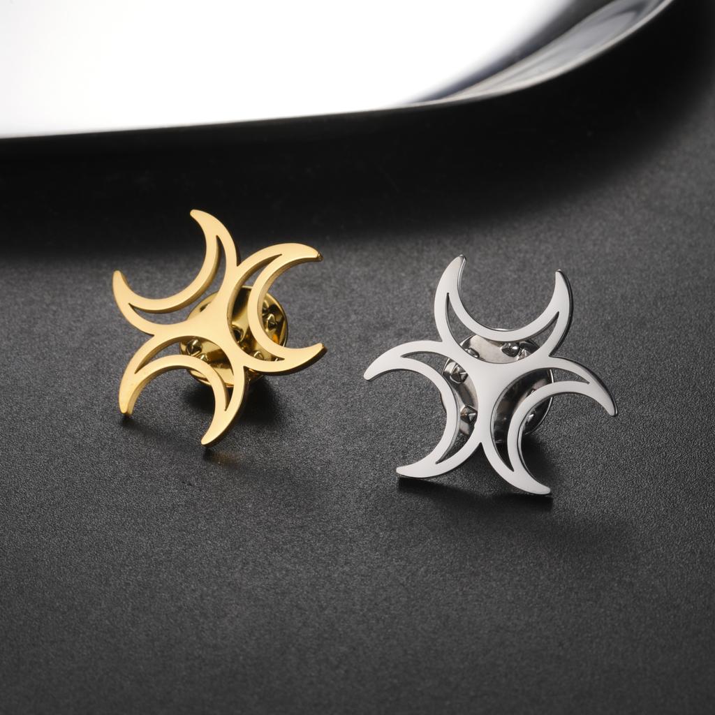 LIKGREAT Crescent Moon Brooch Witch Triple Goddess Moon Pin Stainless Steel Men's Wedding Shirt Collar Badge Jewelry Wholesale
