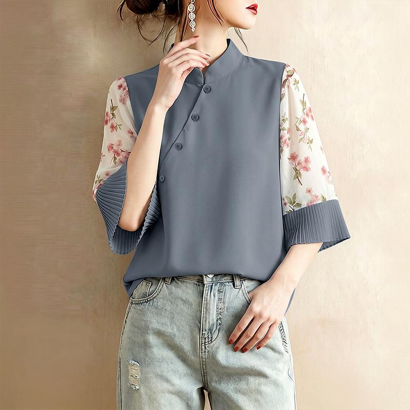 ZANZEA Women Stand Collar Casual Print Splice Loose Short Sleeve Blouse M серый
