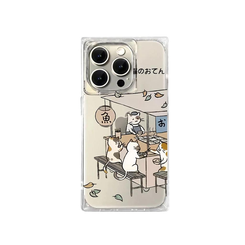 Square Back Tube Protection Clear Case For iPhone 11 14 Pro Max 16 ProMax 15 Plus 12 13 Anti-Oxygen,Cooking Cat Pattern Casing