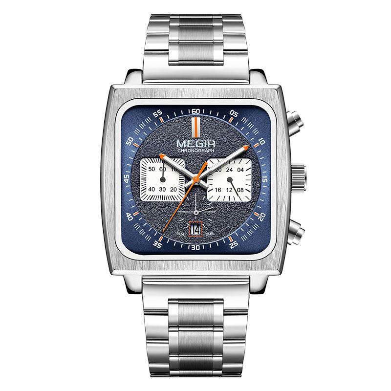 New Square Watches for Men Business Blue Leather Military Men's Wristwatch Chronograph Clock Waterproof Watch