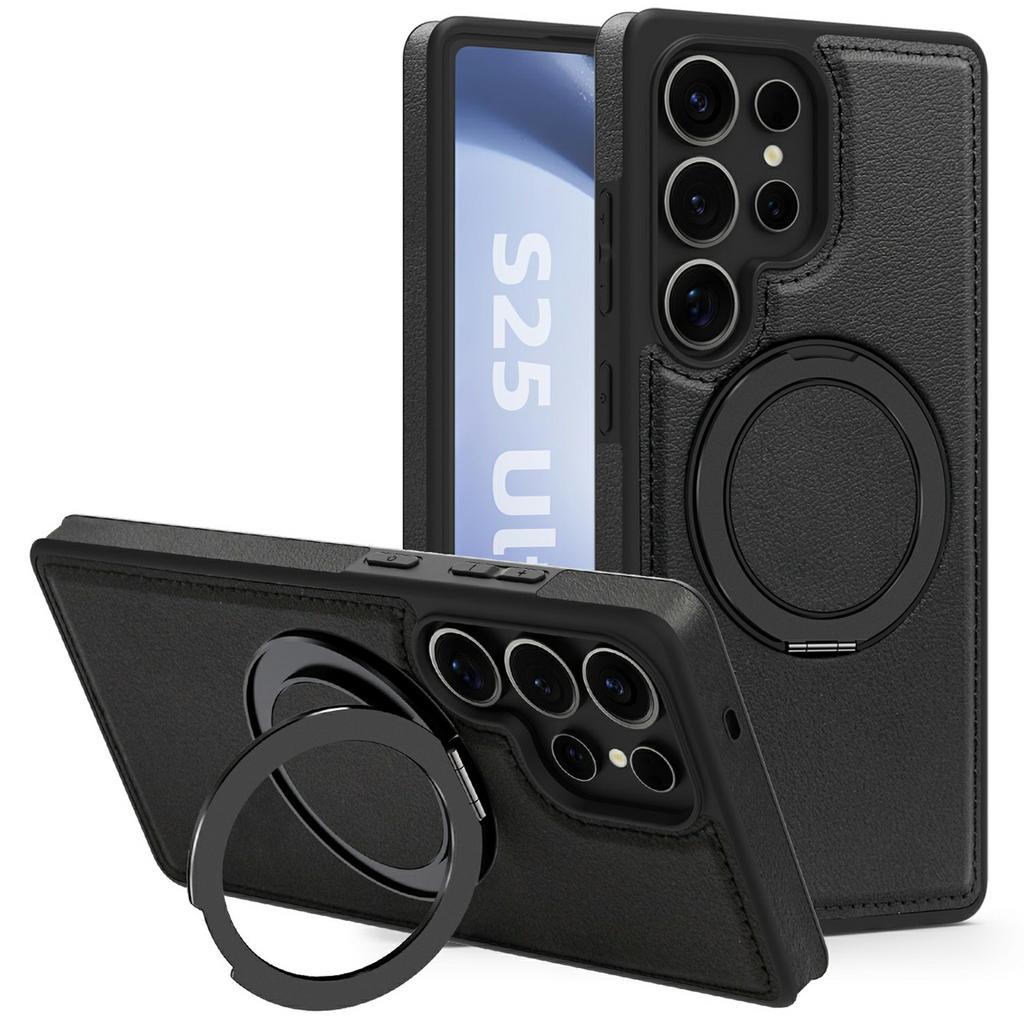 For Samsung Galaxy S25 Ultra Case with Ring Kickstand Magnetic Case PU Leather Back Cover