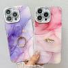 For iPhone 16 Pro Case with Kickstand IMD Marble Pattern Electroplated Phone Cover