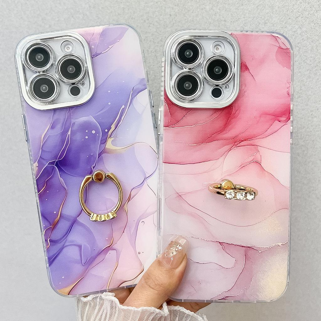 For iPhone 16 Pro Case with Kickstand IMD Marble Pattern Electroplated Phone Cover