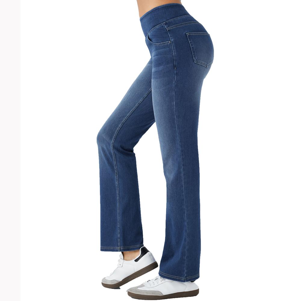 Shascullfites High Waisted Tummy Control Bootcut Jeans Blue Washed Stretchy Knit Casual Multiple Pockets Pull-On Petite Jeans
