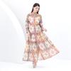 Spring Summer Women Stand Collar Single Breasted Retro Print Oversize Plus Size Long Maxi Party Dresses with Belt