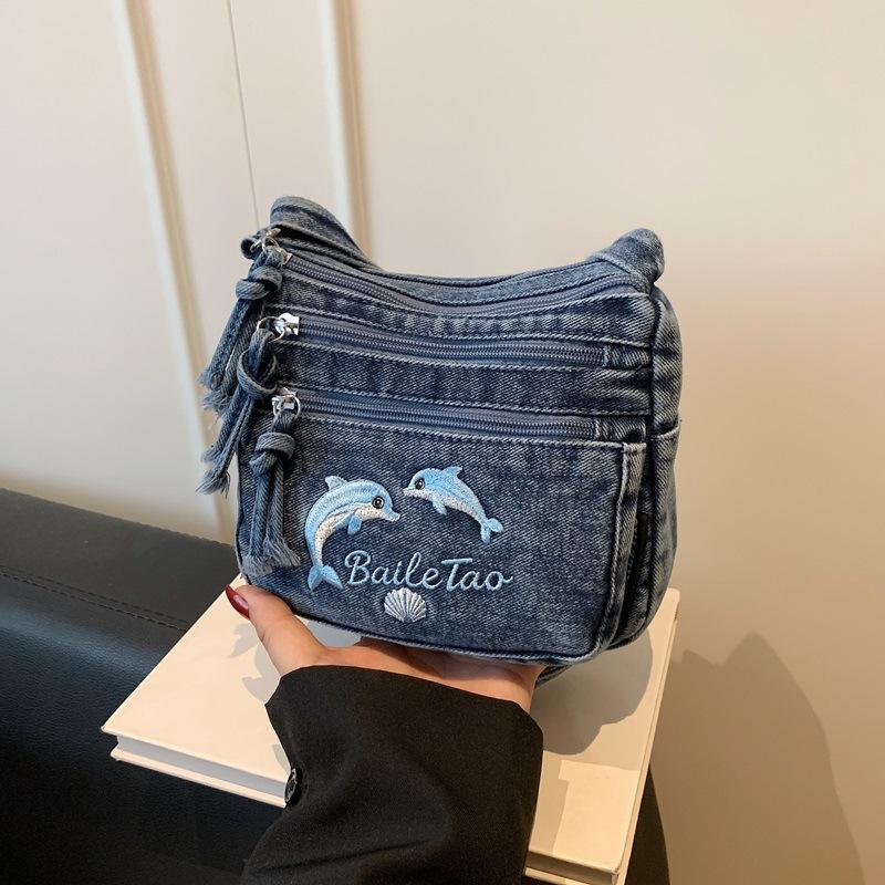 Retro Dolphin Denim Crossbody Bag - Casual and Versatile Shoulder Bag for Women