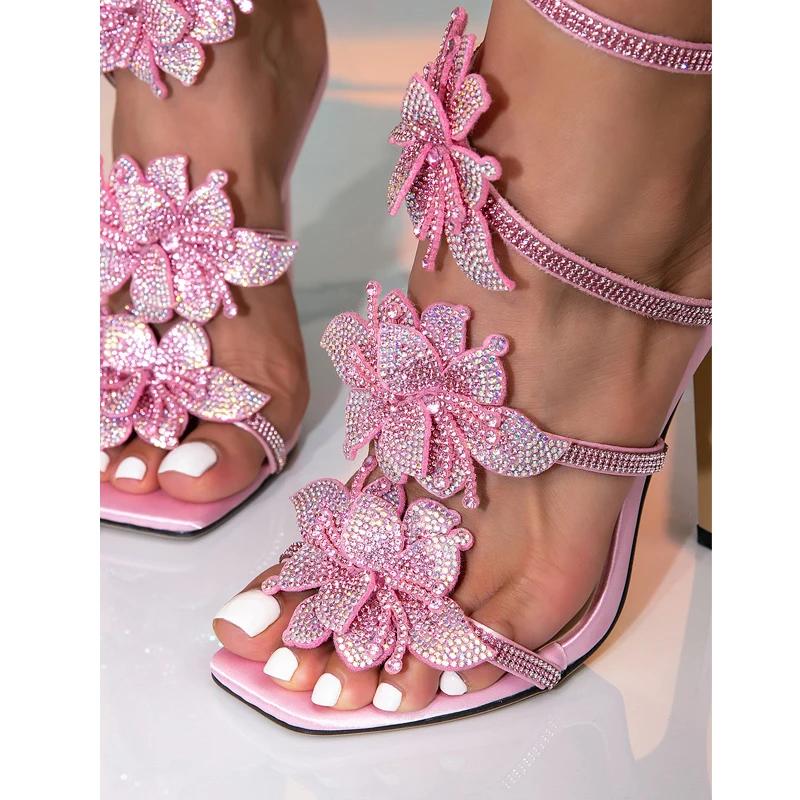2025 Nuovo Design Punta Aperta Fiore di Cristallo Cinturino alla Caviglia Sandali da Donna Sexy Tacco Sottile Scarpe da Donna per Festa da Stripper