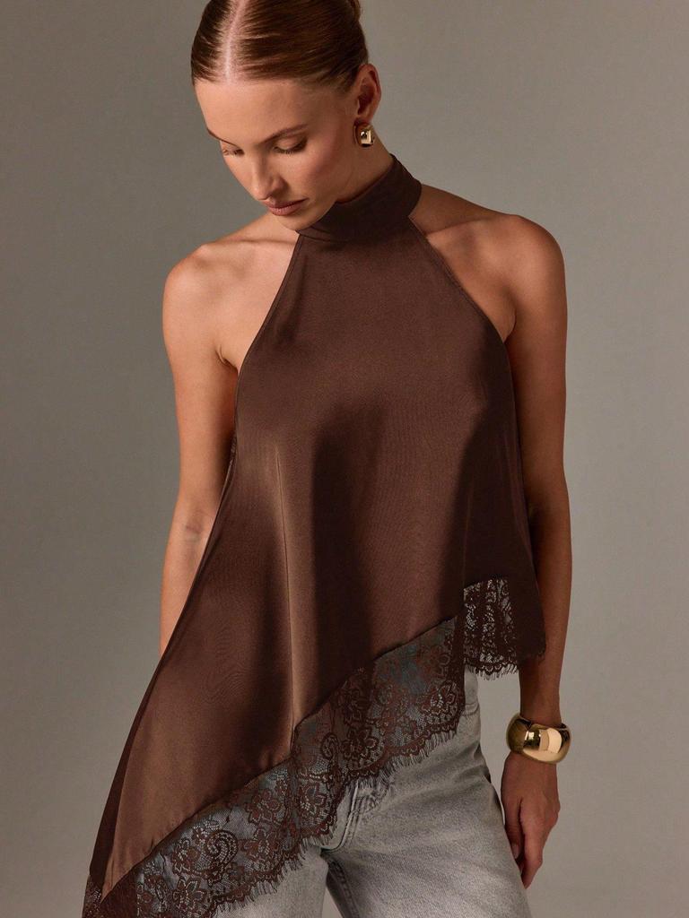 European & American Women's Summer Satin Halter Top with Lace Trim