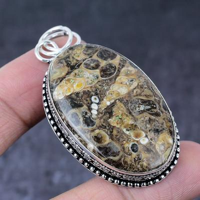 Natural Turtilla Fossil Gemstone Handmade 925 Sterling Silver Pendant 2.44" g4I83