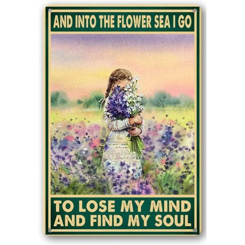 Girl In Garden Tin Painting for Dorm Home Hallway Room Decor