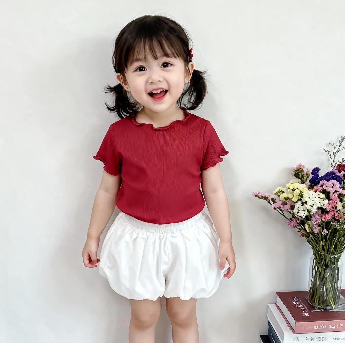 HD Korean Style Girls' Summer Striped Ruffle Trim Toddler Top - Sweet Candy Color Short Sleeve T-Shirt