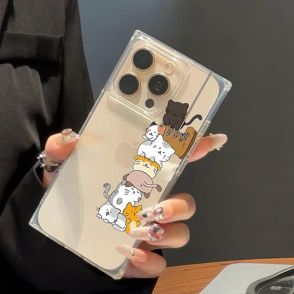 Square Back Tube Protection Clear Case For iPhone 11 14 Pro Max 13 16 ProMax 12 15 Plus Anti-Oxygen,Stacked Cat Pattern Casing