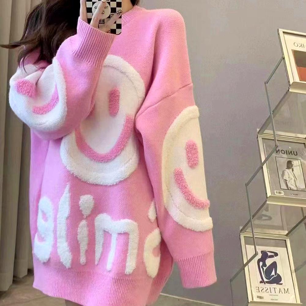 Japanischer Retro Dreidimensionaler Smiley Lockerer Pullover Damen 2025 Herbst- und Winterkleidung Fauler Weicher Wachsartiger Strickpullover auf Kleidung