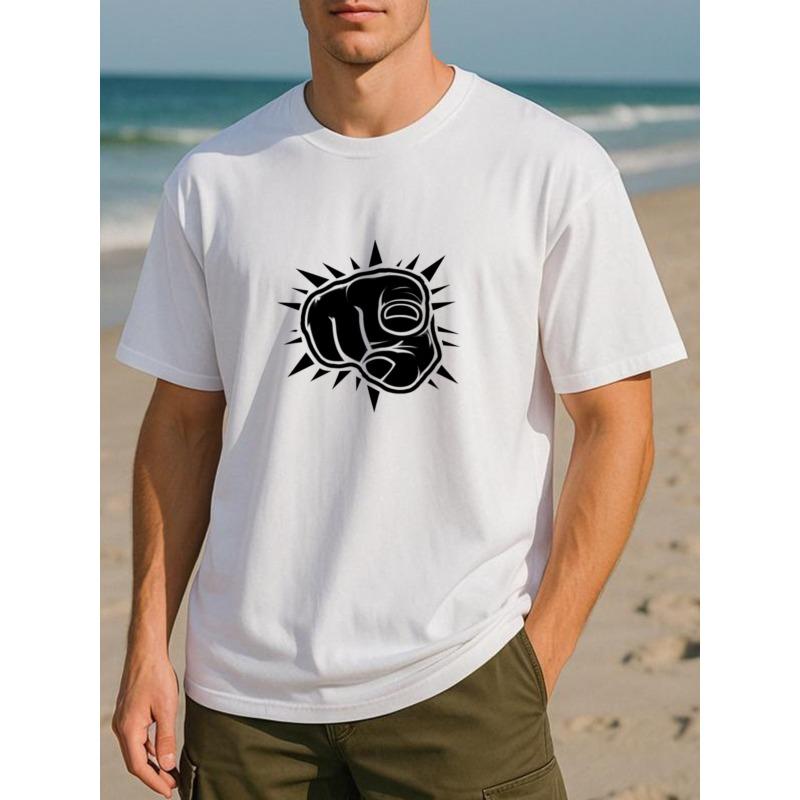 European Sizes Fist Tip Print, Patterned Round-neck T-shirt, Men's Clothing, Casual Short-sleeved T-shirt
