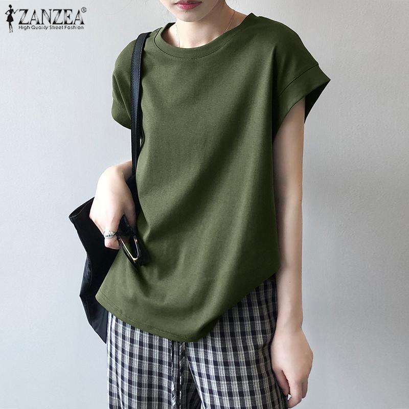 

ZANZEA Летняя футболка женская повседневная блузка с круглым вырезом и коротким рукавом