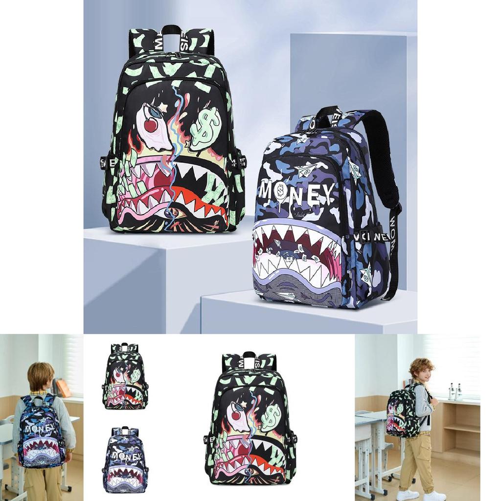 Kids Waterproof Nylon Backpack With Shark Print For Elementary School Use And Daily Carry