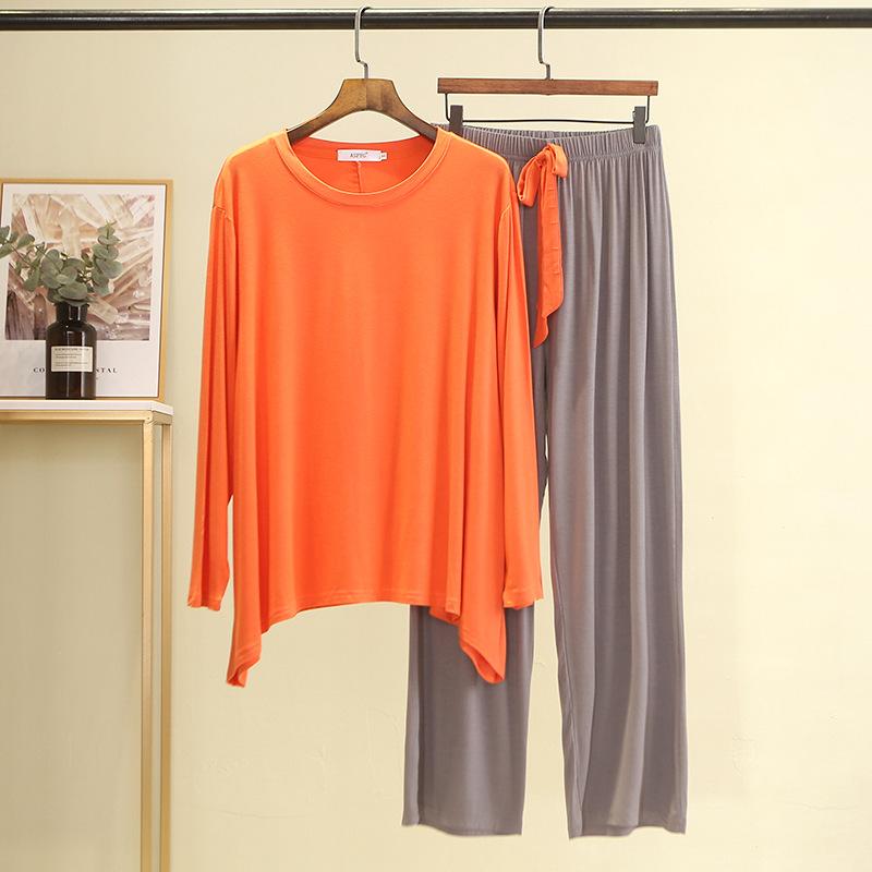 Plus Size Color-contrast Modal 2pcs Homewear Set Long Sleeve Tshirts and Wide Leg Pants Women Loose Pajamas Sets Streetwear Comfort Clothing