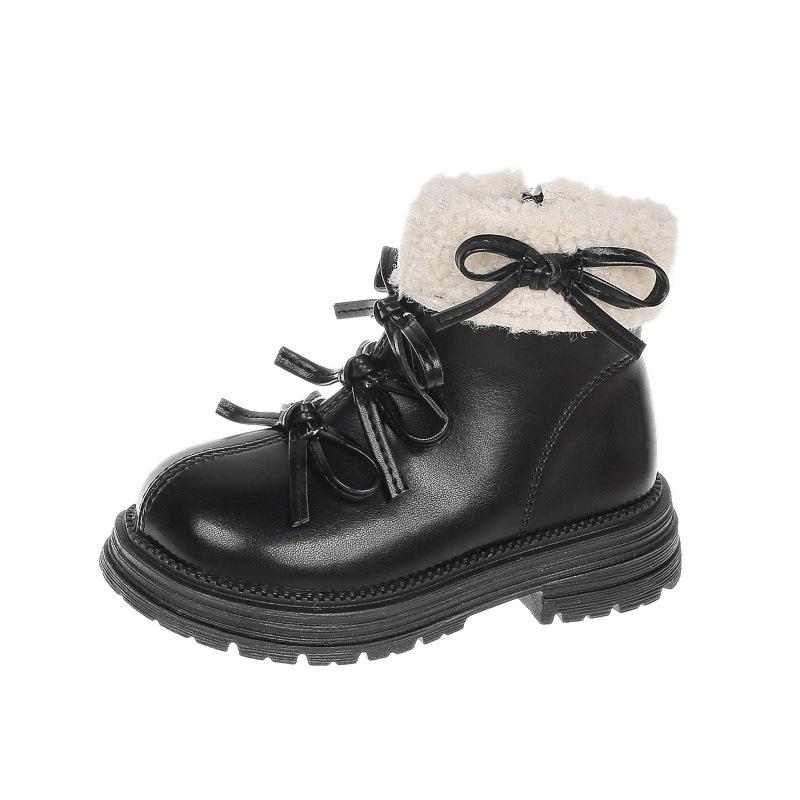 Girls' Velvet 2025 Martin Boots Korean Version Bow Fluffy Short Boots Medium and Older Children's Cotton Boots Thick-soled Princess Style Boots