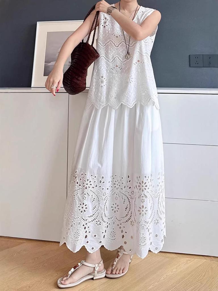 Nanyou Women's 2026 Spring French High Waist Embroidered Lace Maxi Skirt