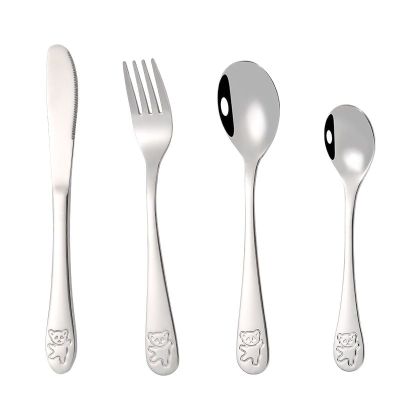 (4pcs) Children Cutlery Set Stainless Steel Kids Knife Fork Food Tableware Cartoon Bear Dinnerware Set