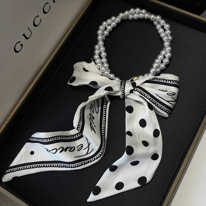 Faionable Polka Dot Scarf Waist Belt For Women Decorative Pearl Splicing Neck Ribbon Elegant Stripes Fluttering Ribbon