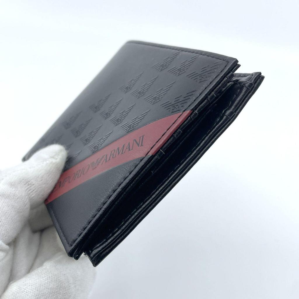 Used EMPORIO ARMANI Bifold Wallet Red Band Black All Over Pattern Logo Men's