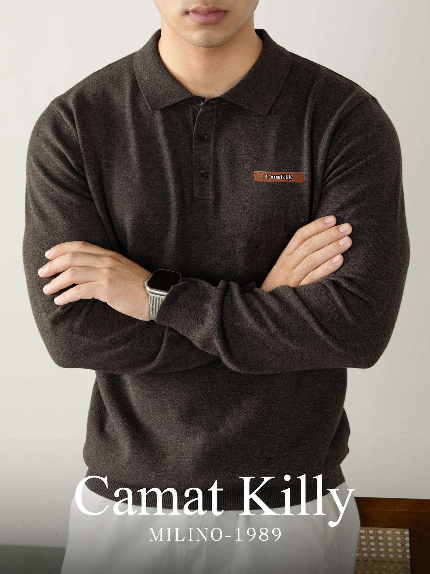 Camat Killy Men s Cotton-Wool Lapel Sweater: Old Money Style Warm Knitwear for Autumn and Winter L