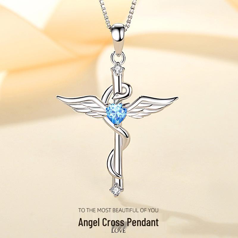 Sterling Silver S925 Cross-Woven Angel Wings Zircon Pendant - Fashion Jewelry