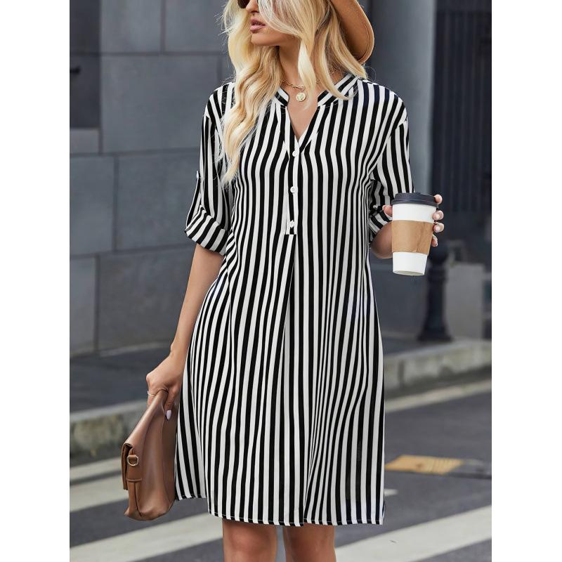 1116 Herbst Damen gestreiftes Langarmkleid, Stilvolles V-Ausschnitt-Shirt