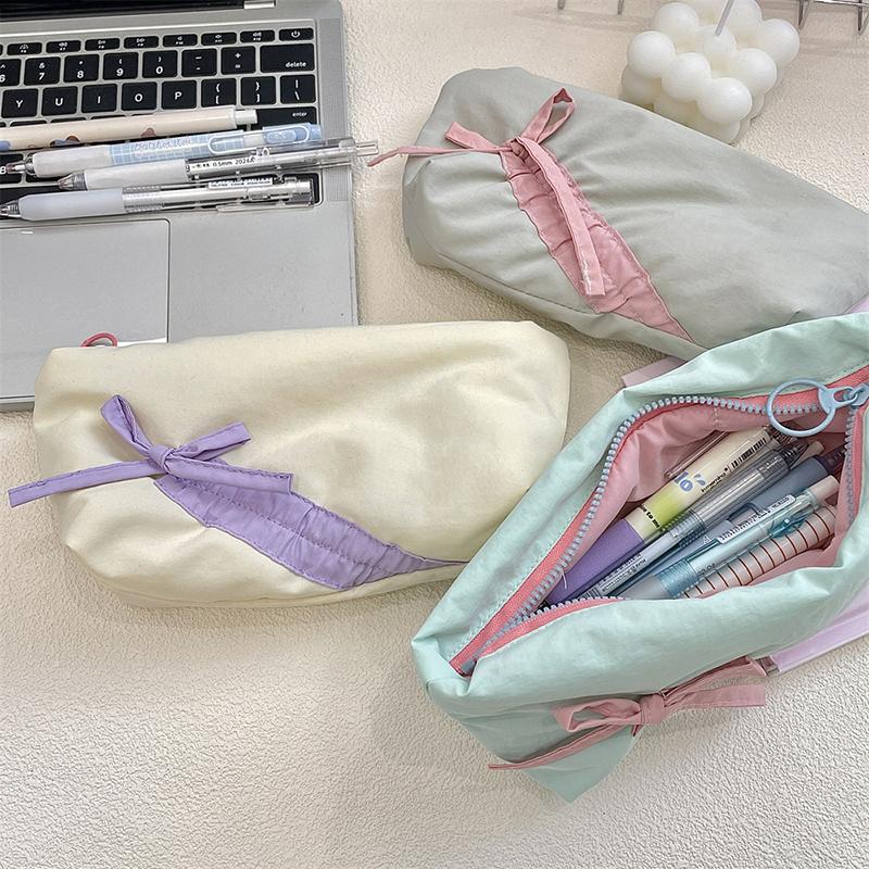 Ins Style Simple Fabric Pencil Case Bowknot Makeup Bag Large Capacity Storage Bag Stationery Pouch School Supplies Girls Gift