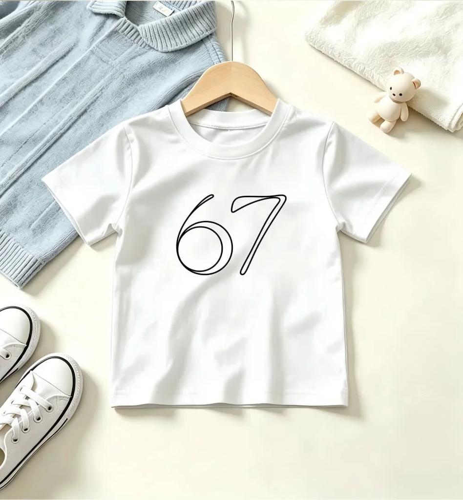Kids Black Short Sleeve T Shirt Minimal One Line Hand Drawn Number 67 Print Crew Neck Boys Girls Plain Casual Summer Tee