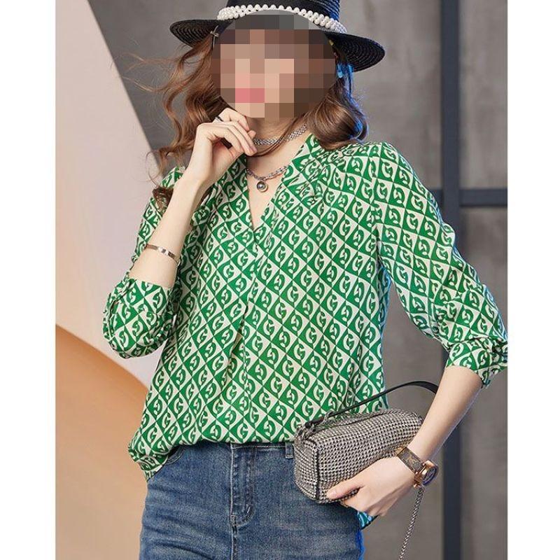 Damen T-Shirt Frühling Sommer Langarm V-Ausschnitt Chiffon Locker Kariert Druckweibliche Kleidung Mode Elegant Lässig Tops