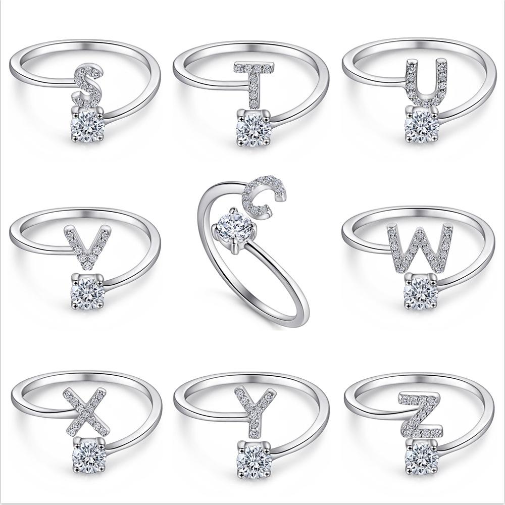 26 English A-Z Letters 925 Sterling Silver Ring Female Diamond Zircon Opening Adjustable Index Finger Ring Tail Ring