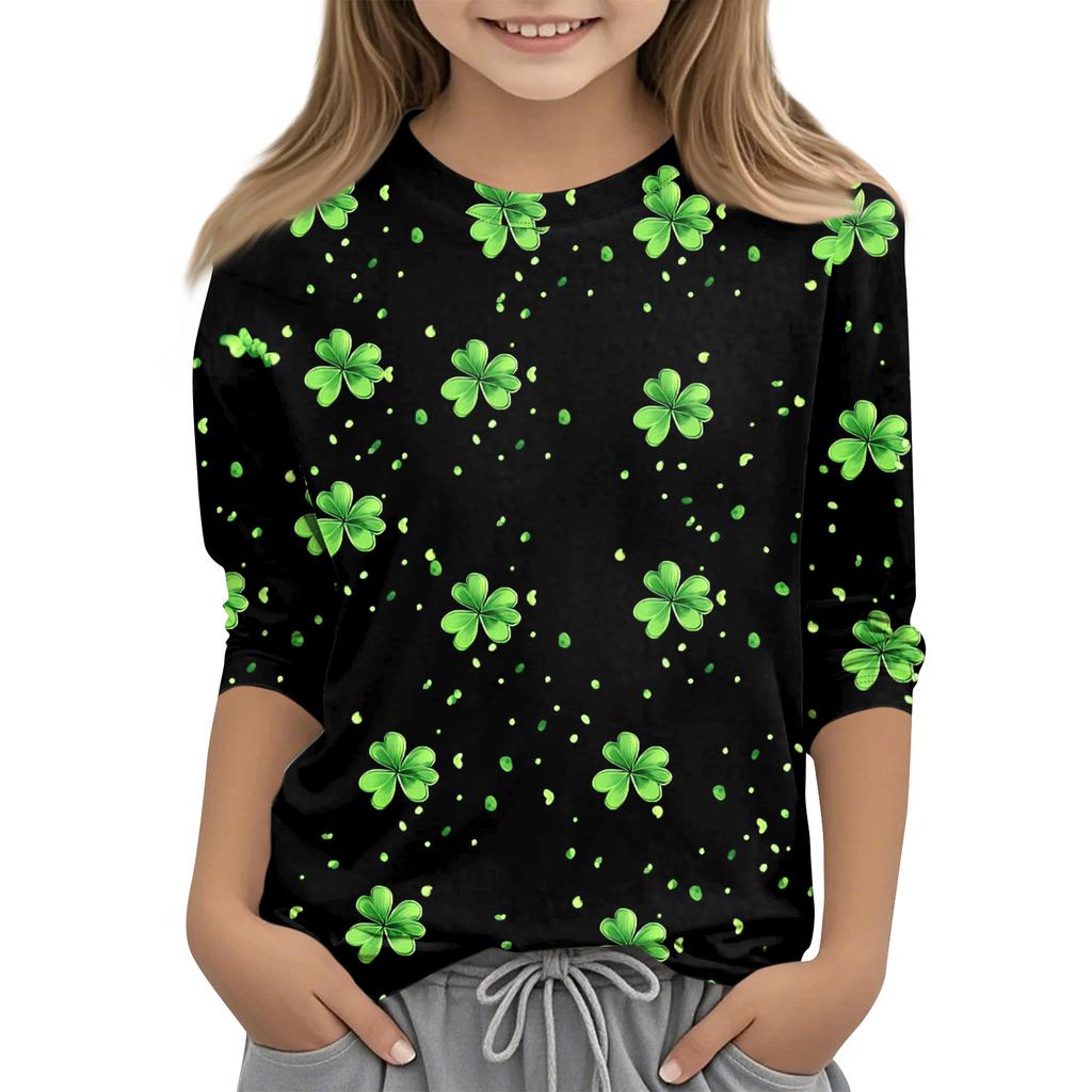 St. Patrick's Day Print Tops For Youth Girls 4-11 Years Round Neck 3/4 Sleeves T-Shirts Trendy Tops Outfit Tees