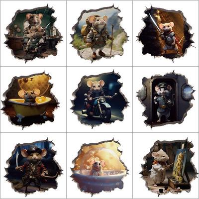 3D Cartoon Mouse Hole Wall Sticker: Kitchen/Dining Skirting Line Decor with Mouse On Toilet Design