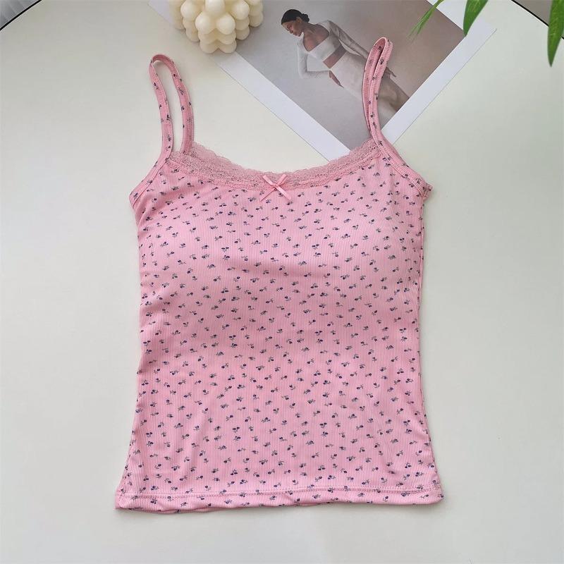 Summer Print Crop Tops for Women Bow Lace Camisole Sexy Backless Vest with Padded Basic Tank Top Style Y2K Streetwear