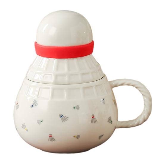 Sports Themed Ceramic Mug with Lid And Spoon Badminton Football Basketball Coffee Tea Cup Unique Gift for Sports Lovers B