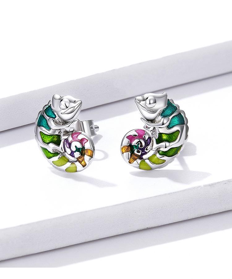 Yin Ziyun Platinum-Plated Chameleon Earrings: Cute Animal S925 Silver for Men & Women - Model BSE587