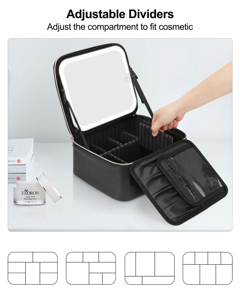 Professional LED Mirror Makeup Case Portable Cosmetic Bag with Adjustable Dividers