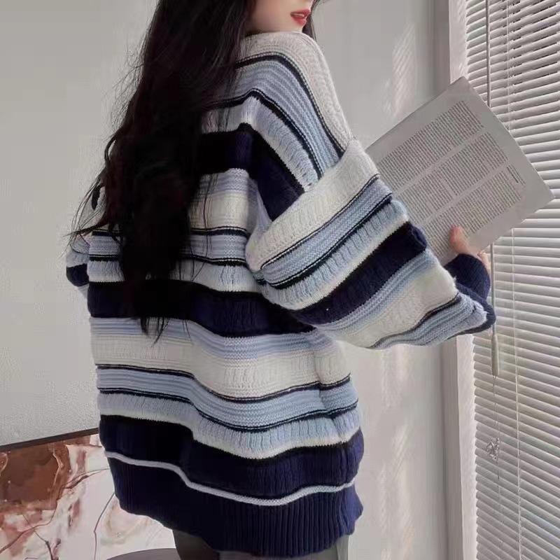 Autumn/Winter Striped Sweater Women's Loose Contrast Knitted Jacket