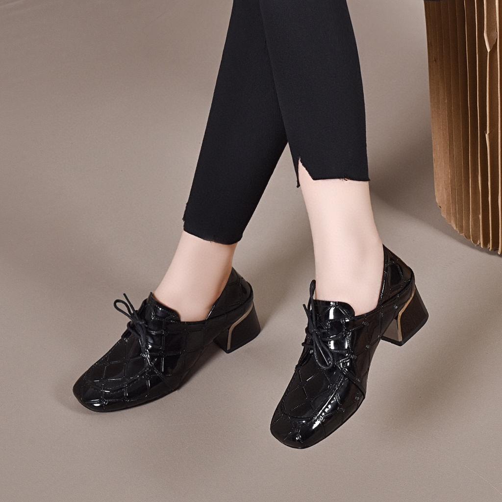 Square Head Single Shoes Women's 2025 Autumn and Winter New Cow Patent Leather Lace-up Thick Heel High Heels One Shoe Two Wear Loafers Small Leather