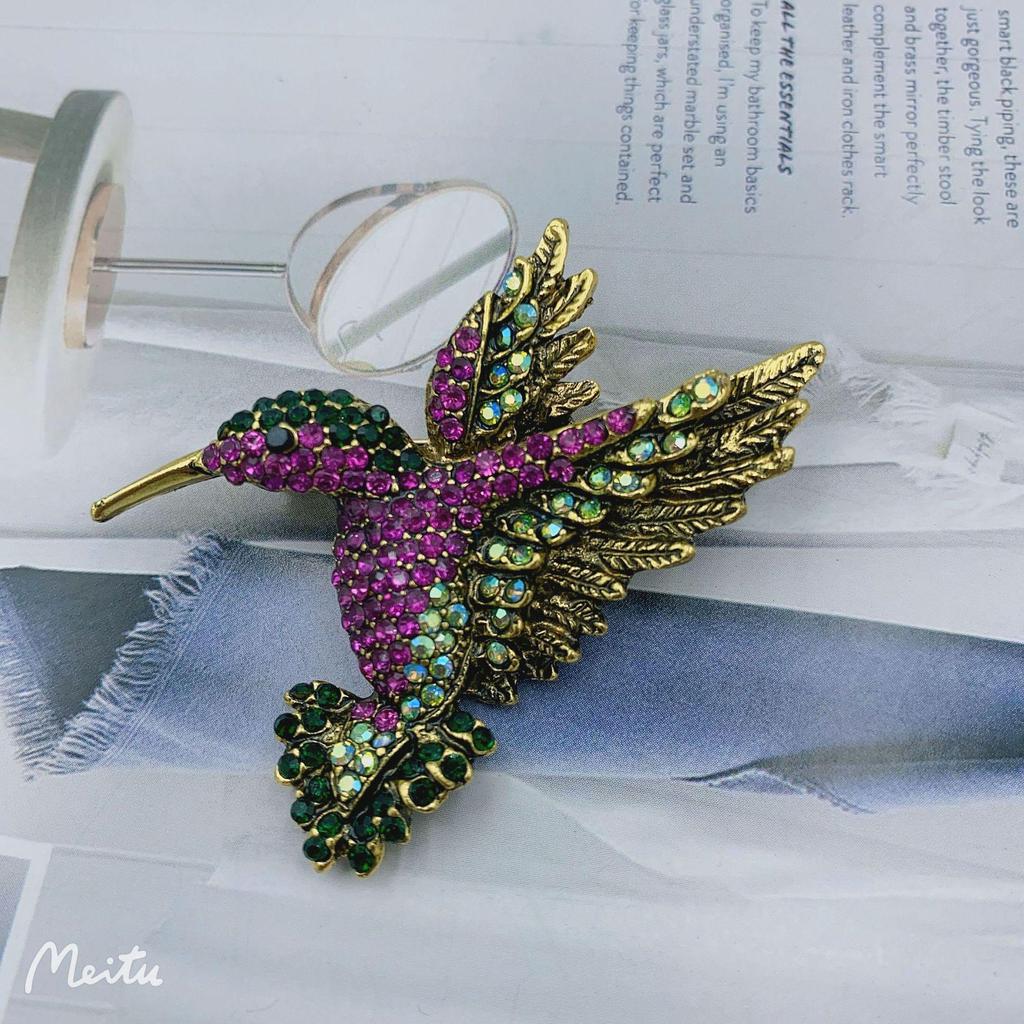 Vintage European-American Diamond Hummingbird Brooch - High-End Alloy Animal Pin