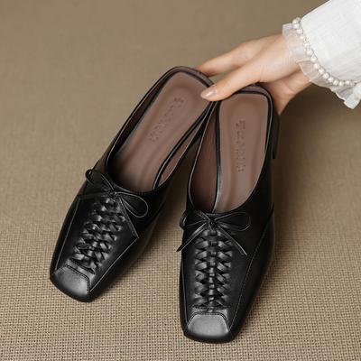 Fashion 2024 NEW Summer Women Mules Genuine Leather Shoes for Women Cover Toe Chunky Heel Slippers Square Toe Slingback Designer Sandals