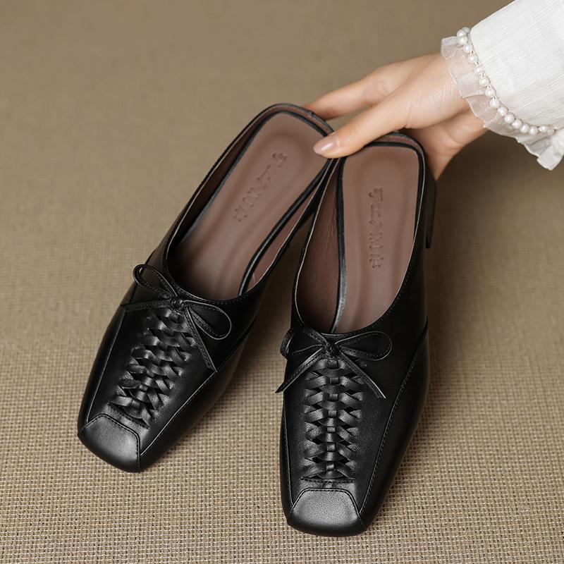 Fashion 2024 NEW Summer Women Mules Genuine Leather Shoes for Women Cover Toe Chunky Heel Slippers Square Toe Slingback Designer Sandals