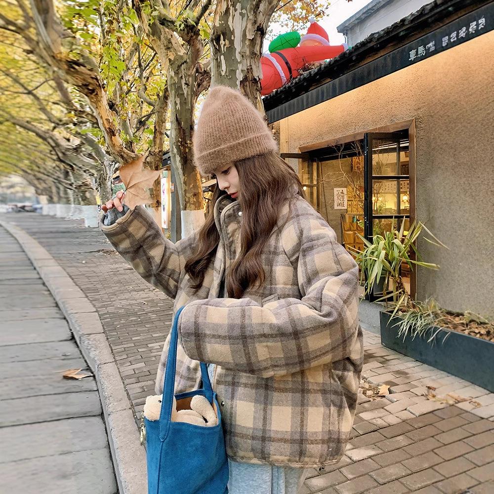 Kurze Kaffee Karierte Baumwollgepolsterte Jacke Damen Winter Locker Oberbekleidung